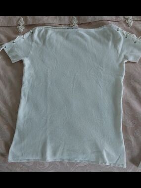 White Short-Sleeve Knit Top with Lace-Up Shoulder Detail